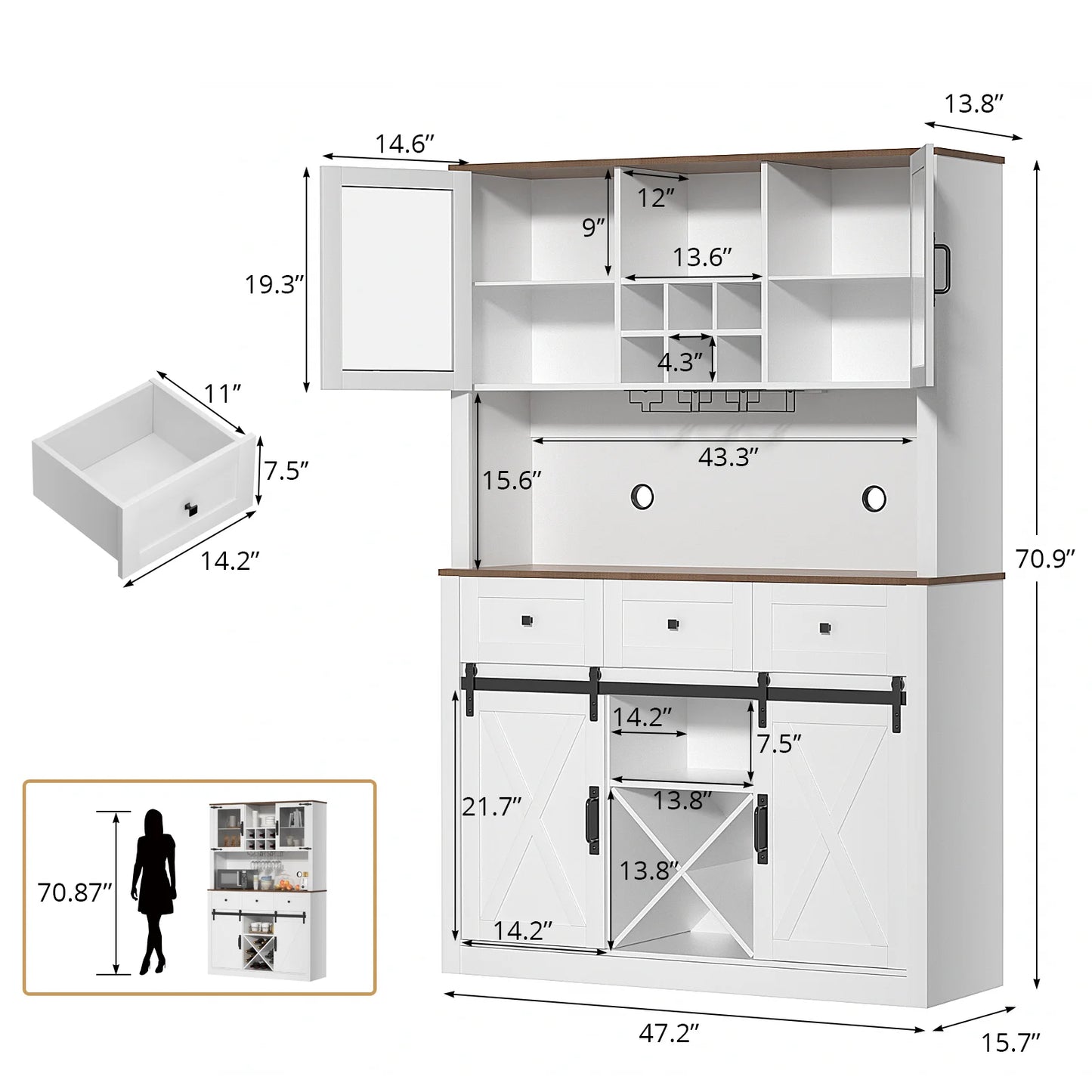 VOWNER Bar Cabinet w/Sliding Door, Wine & Glasses Rack