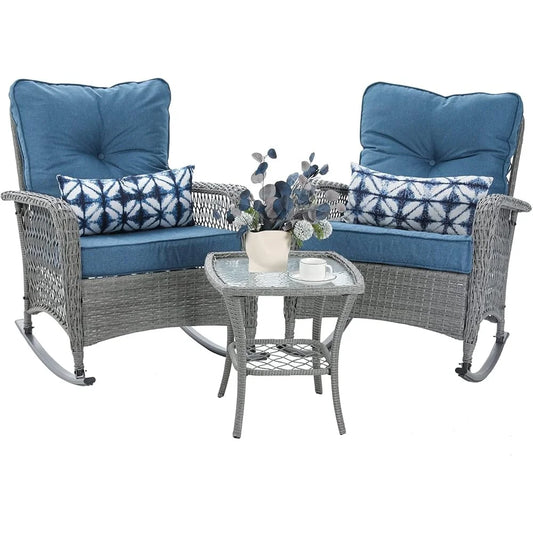 3 Piece Patio Furniture Set Wicker Rocking Chairs