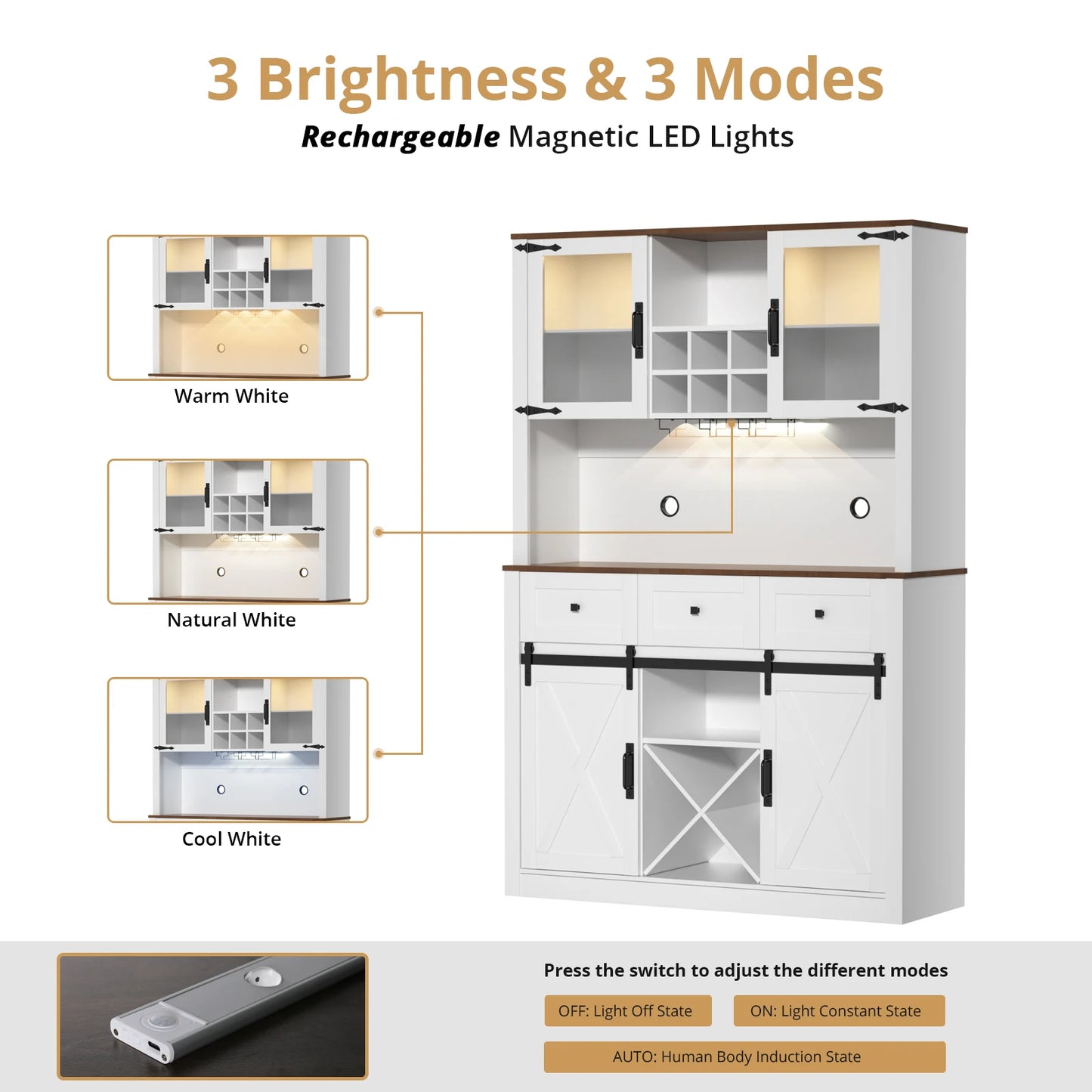 VOWNER Bar Cabinet w/Sliding Door, Wine & Glasses Rack