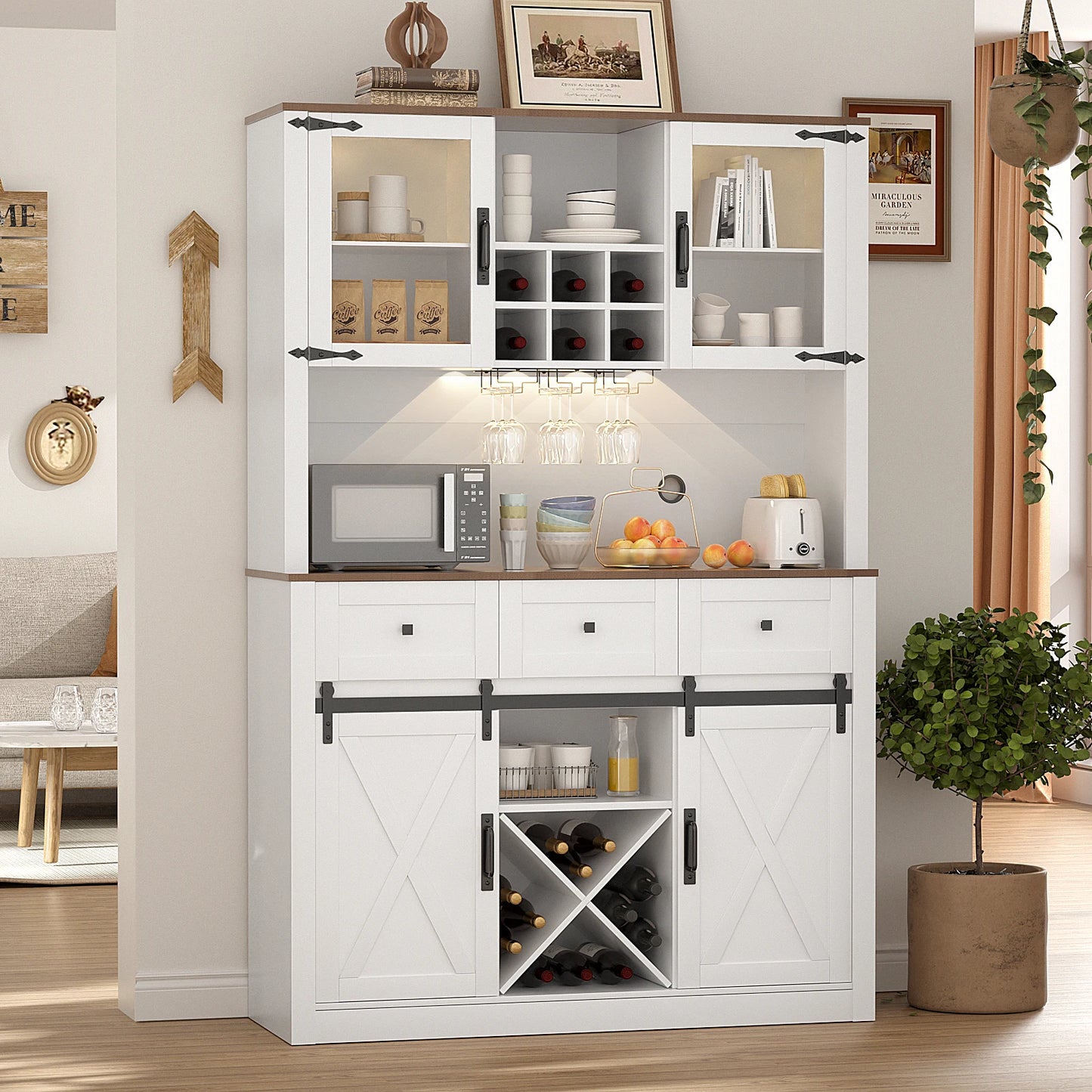 VOWNER Bar Cabinet w/Sliding Door, Wine & Glasses Rack