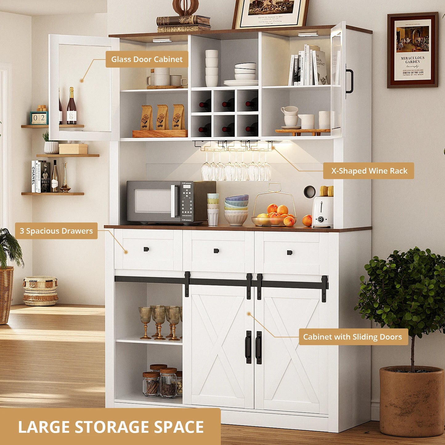 VOWNER Bar Cabinet w/Sliding Door, Wine & Glasses Rack