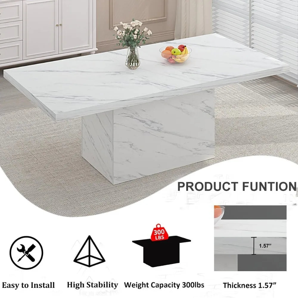 White Faux Marble Dining Table, 71” Rectangle for 6-8