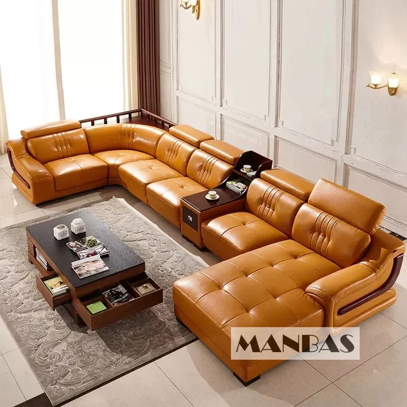 Premium Italian Leather Sectional Sofa W/Adjustable Headrest