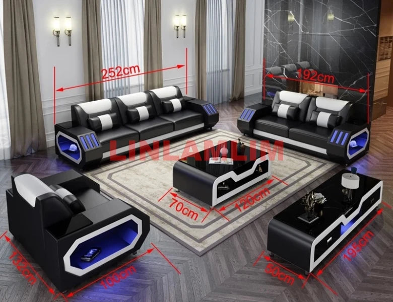 MANBAS Leather Sofa Set LED Light w/USB Charging