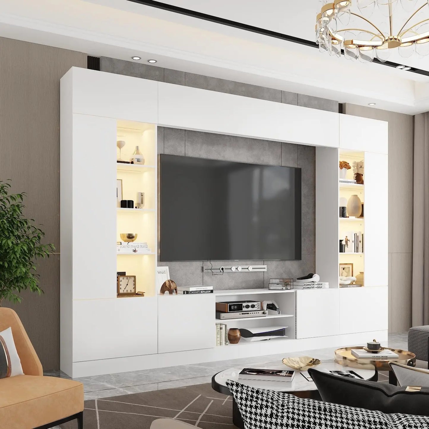 White 114" Large Wall Unit Entertainment Center