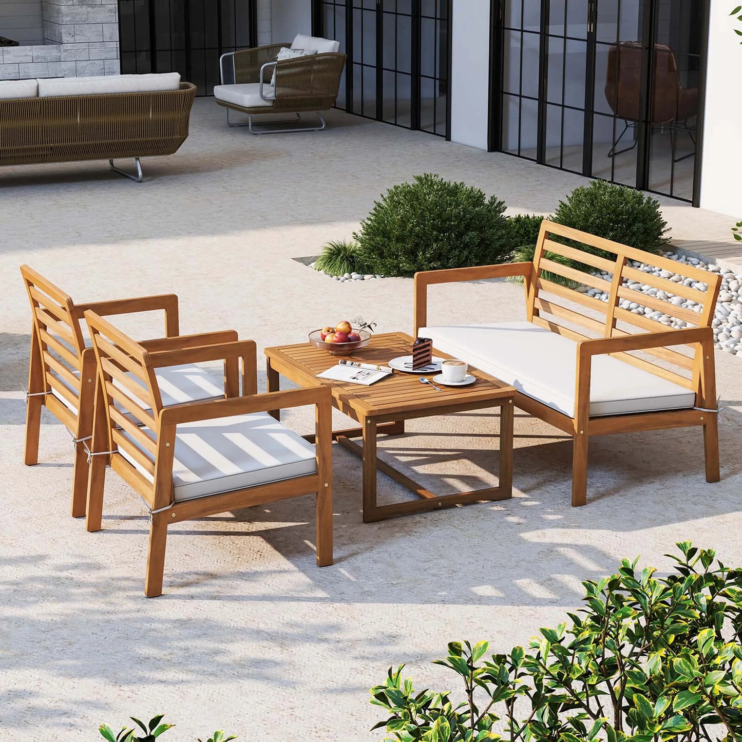 4 PCS Wood Patio Furniture Set with Soft Seat Cushions Solid Acacia Wood Frame