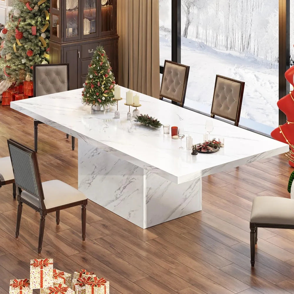 White Faux Marble Dining Table, 71” Rectangle for 6-8