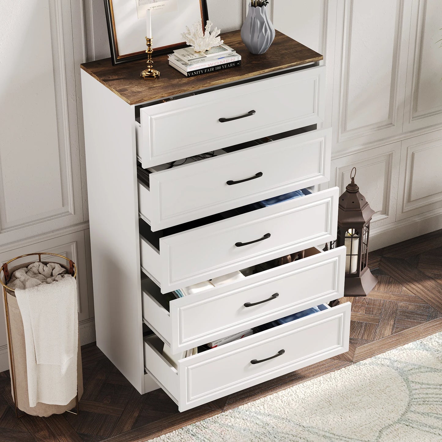 Vabches Dresser for Bedroom Wooden Chest of Drawers with Metal Handles 47'' Tall 5 Drawer Dresser Storage Organizer for Hallway