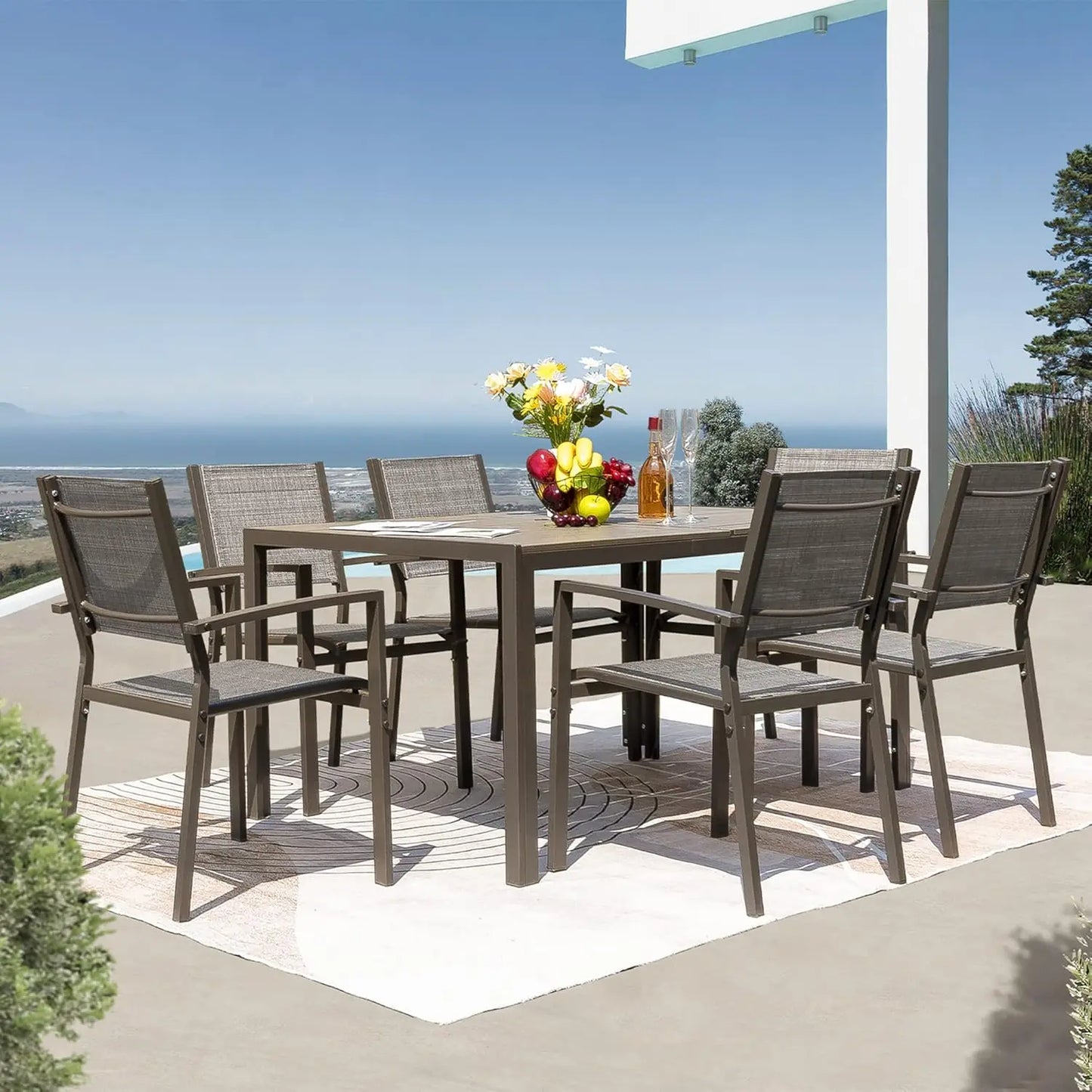 7 Piece Patio Dining Set Weather Resistant 6 Stackable Chairs