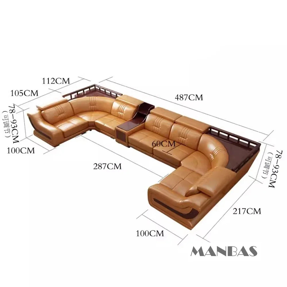 Premium Italian Leather Sectional Sofa W/Adjustable Headrest
