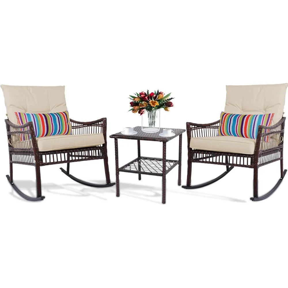 3 Pieces Patio Furniture Set, Wicker Rocking Chairs Bistro Set with Coffee Table, Outdoor Conversation Set for Garden and Balco