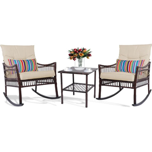3 Pieces Patio Furniture Set, Wicker Rocking Chairs Bistro Set with Coffee Table, Outdoor Conversation Set for Garden and Balco