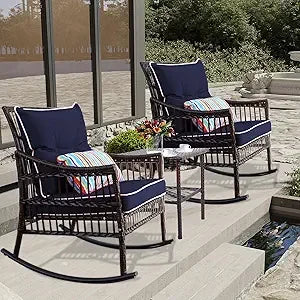 3 Pieces Patio Furniture Set, Wicker Rocking Chairs Bistro Set with Coffee Table, Outdoor Conversation Set for Garden and Balco