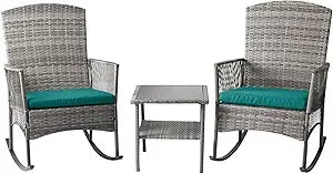3 Pieces Patio Furniture Set, Wicker Rocking Chairs Bistro Set with Coffee Table, Outdoor Conversation Set for Garden and Balco