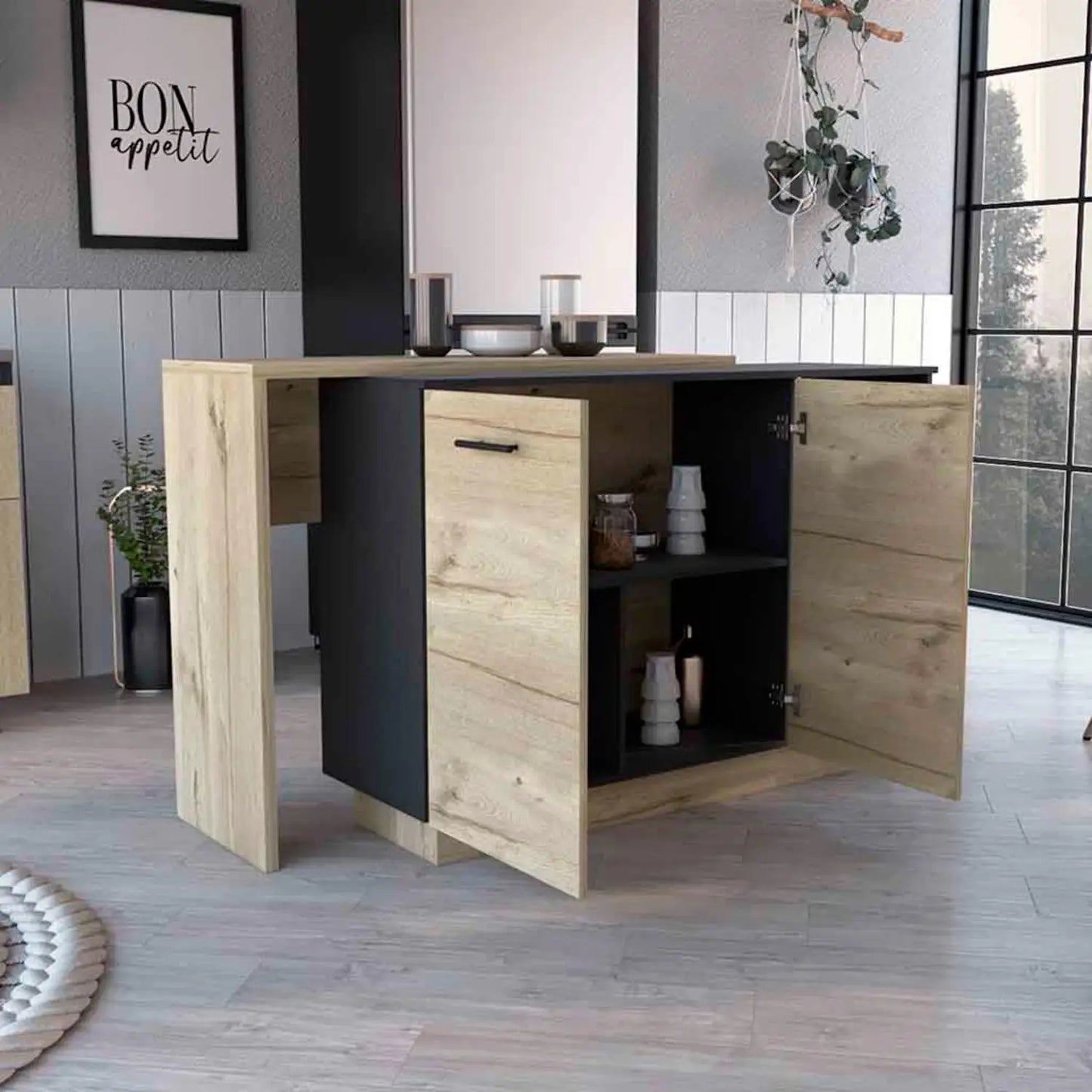Sicilia Kitchen Island, Two  External Shelves, Double Door Cabinets, Three Shelves Black / Light Oak