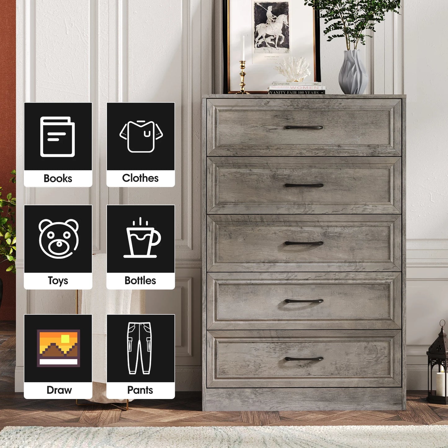 Vabches Dresser for Bedroom Wooden Chest of Drawers with Metal Handles 47'' Tall 5 Drawer Dresser Storage Organizer for Hallway