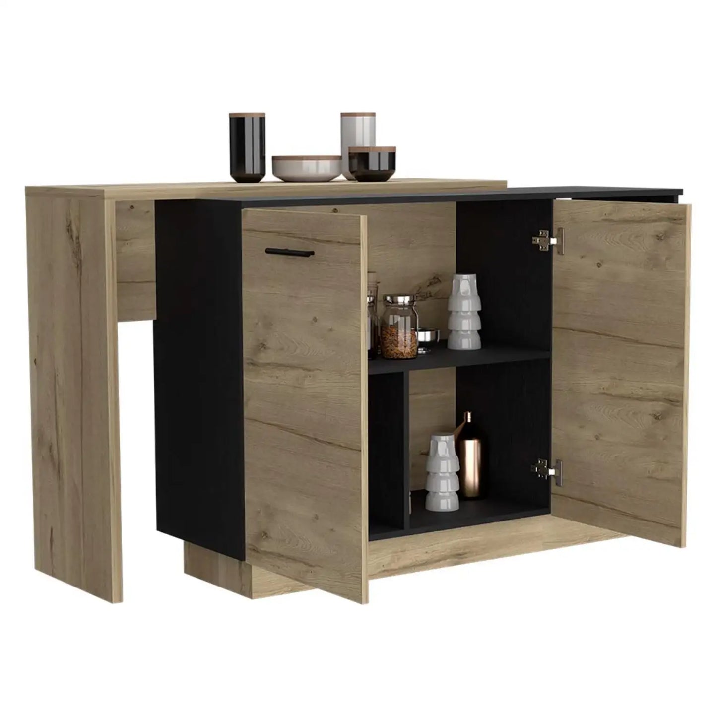 Sicilia Kitchen Island, Two  External Shelves, Double Door Cabinets, Three Shelves Black / Light Oak