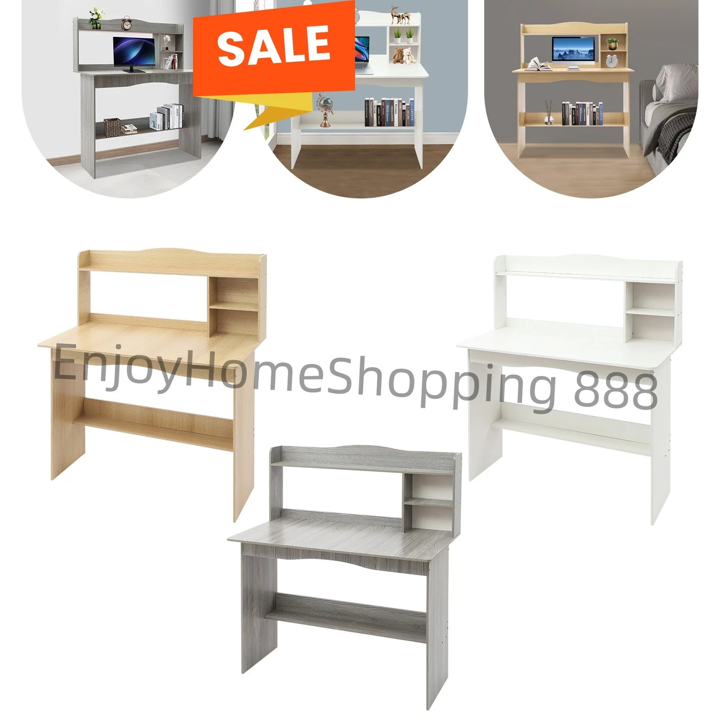 Grey/White/Oak 2-Tier Desk/Computer Table