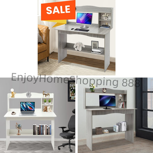 Grey/White/Oak 2-Tier Desk/Computer Table