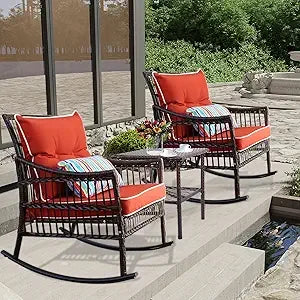 3 Pieces Patio Furniture Set, Wicker Rocking Chairs Bistro Set with Coffee Table, Outdoor Conversation Set for Garden and Balco