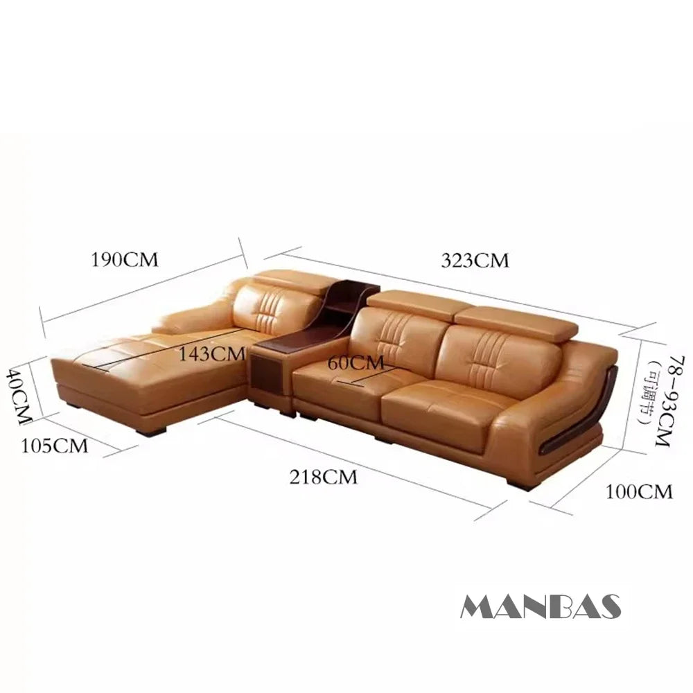 Premium Italian Leather Sectional Sofa W/Adjustable Headrest