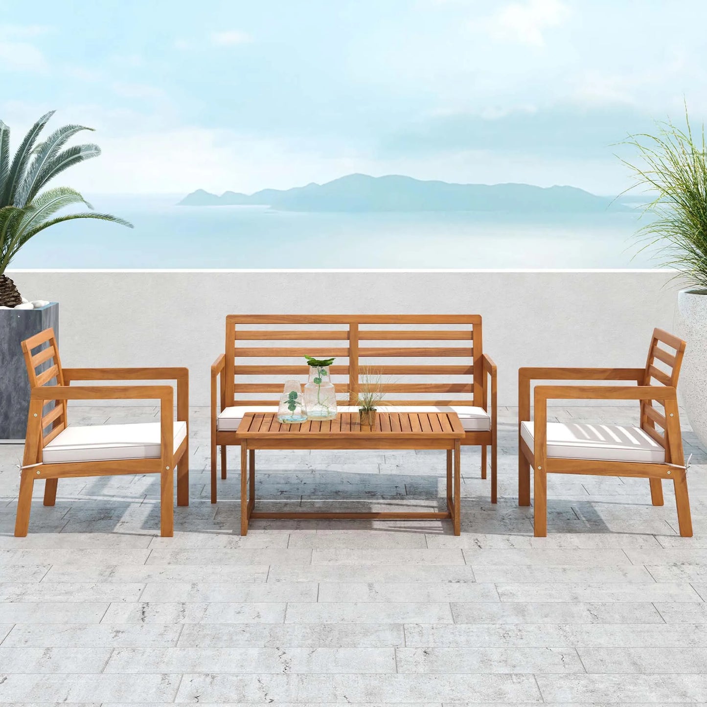 4 PCS Wood Patio Furniture Set with Soft Seat Cushions Solid Acacia Wood Frame