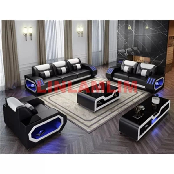 MANBAS Leather Sofa Set LED Light w/USB Charging