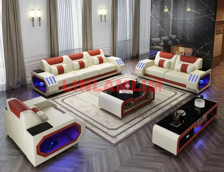MANBAS Leather Sofa Set LED Light w/USB Charging