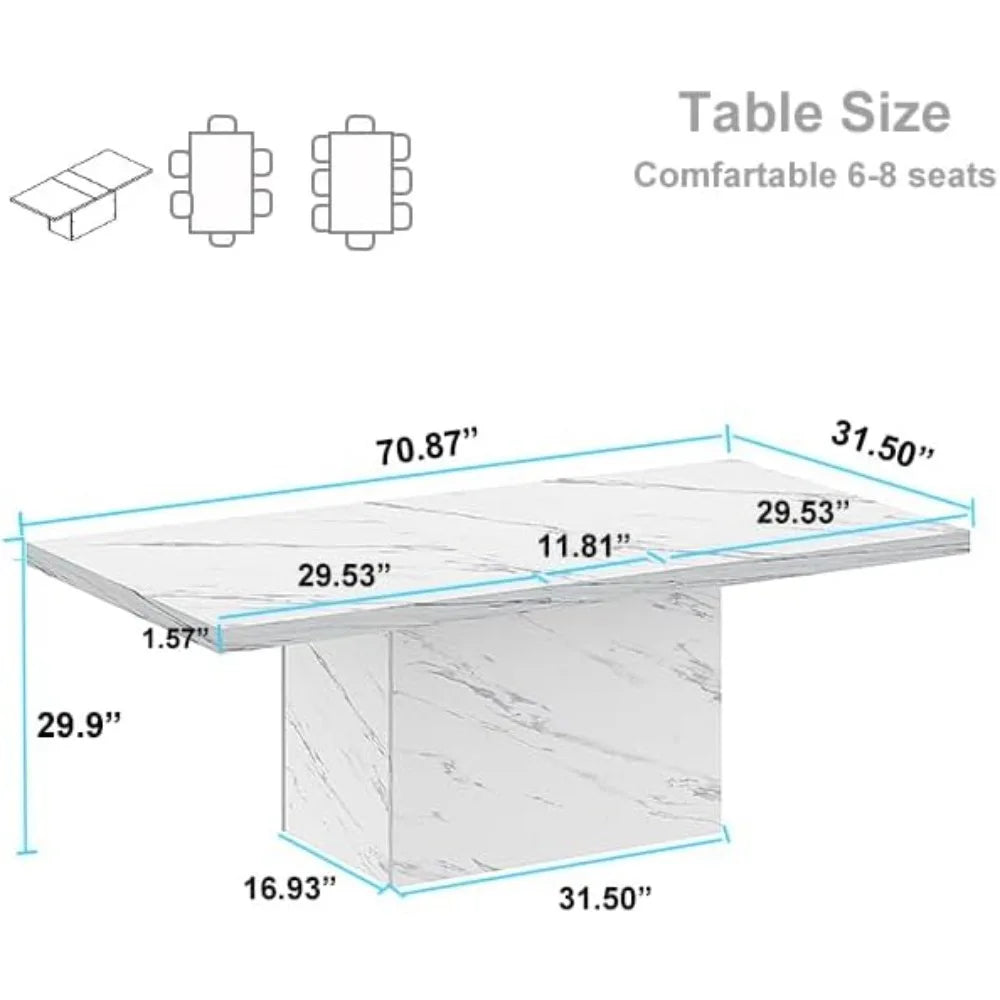 White Faux Marble Dining Table, 71” Rectangle for 6-8