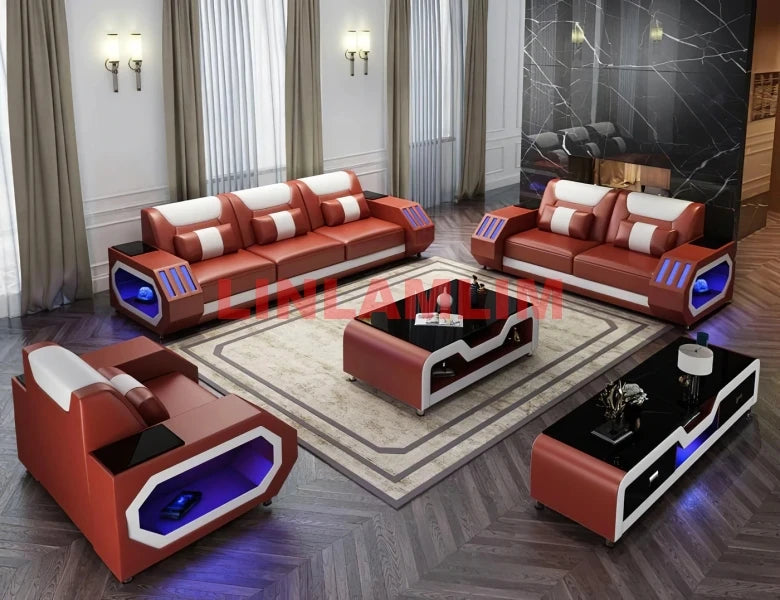MANBAS Leather Sofa Set LED Light w/USB Charging