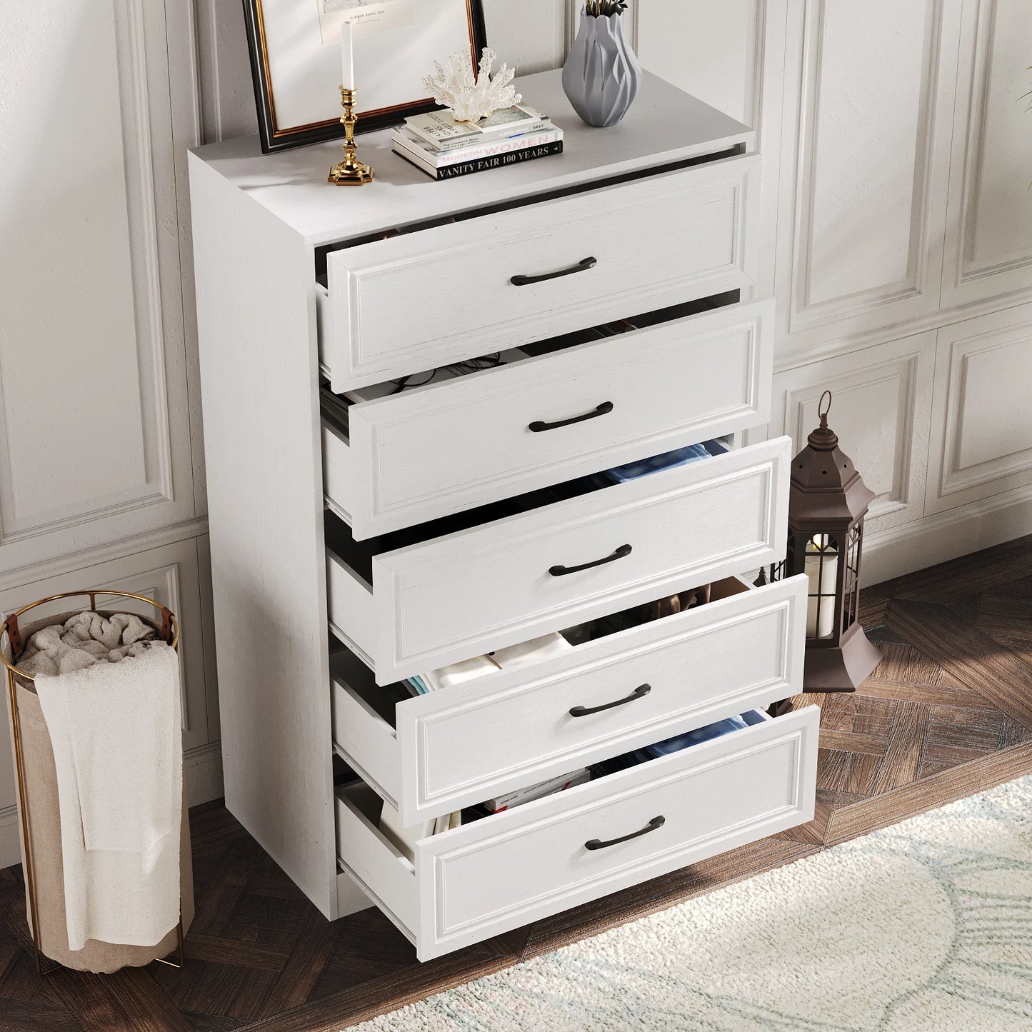 Vabches Dresser for Bedroom Wooden Chest of Drawers with Metal Handles 47'' Tall 5 Drawer Dresser Storage Organizer for Hallway