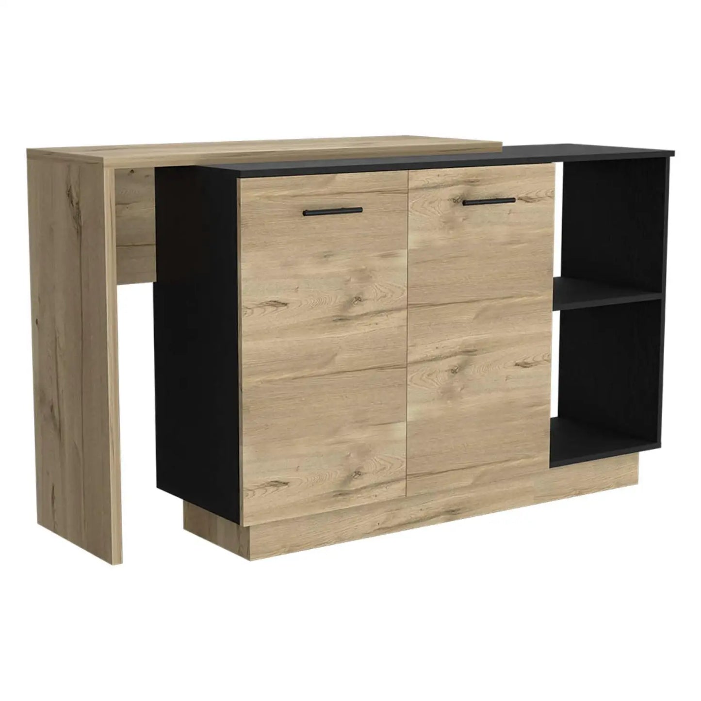 Sicilia Kitchen Island, Two  External Shelves, Double Door Cabinets, Three Shelves Black / Light Oak