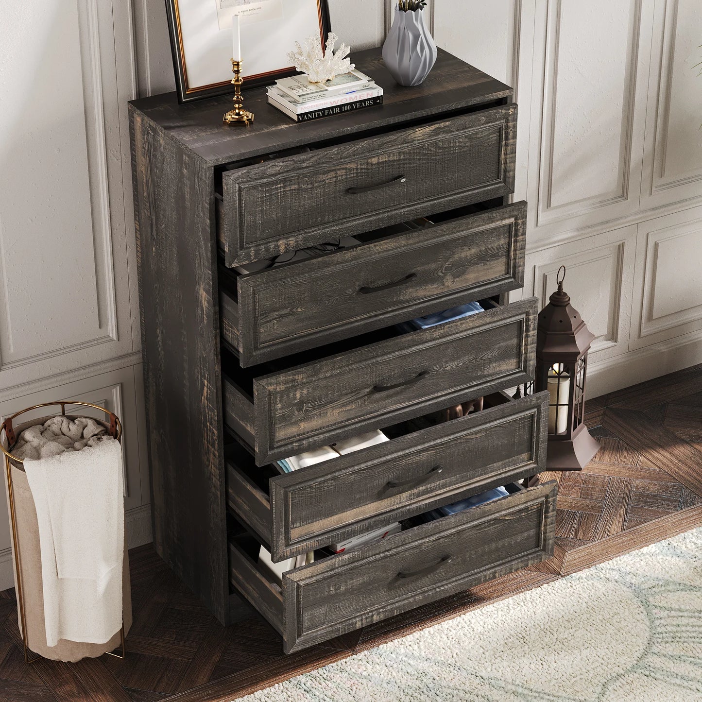 Vabches Dresser for Bedroom Wooden Chest of Drawers with Metal Handles 47'' Tall 5 Drawer Dresser Storage Organizer for Hallway