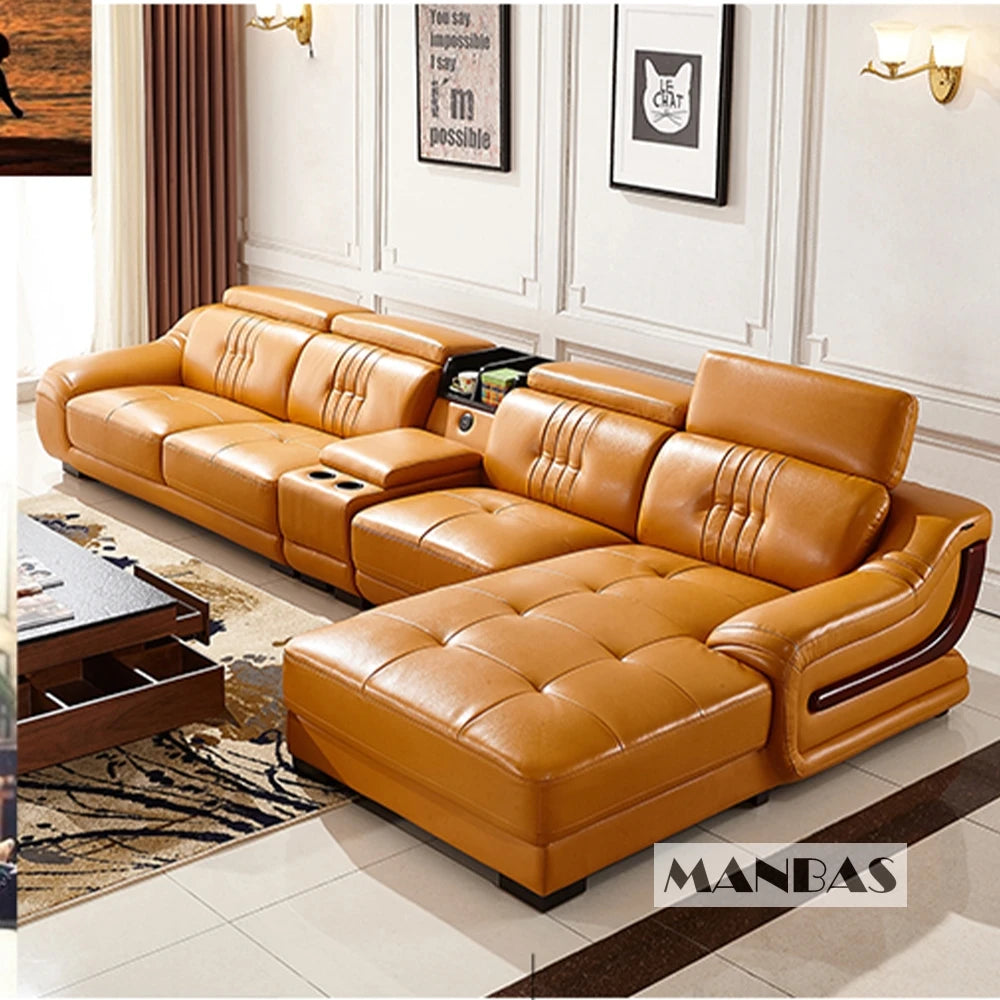 Premium Italian Leather Sectional Sofa W/Adjustable Headrest