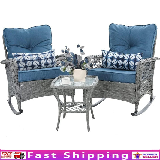3 Piece Patio Furniture Set Wicker Rocking Chairs