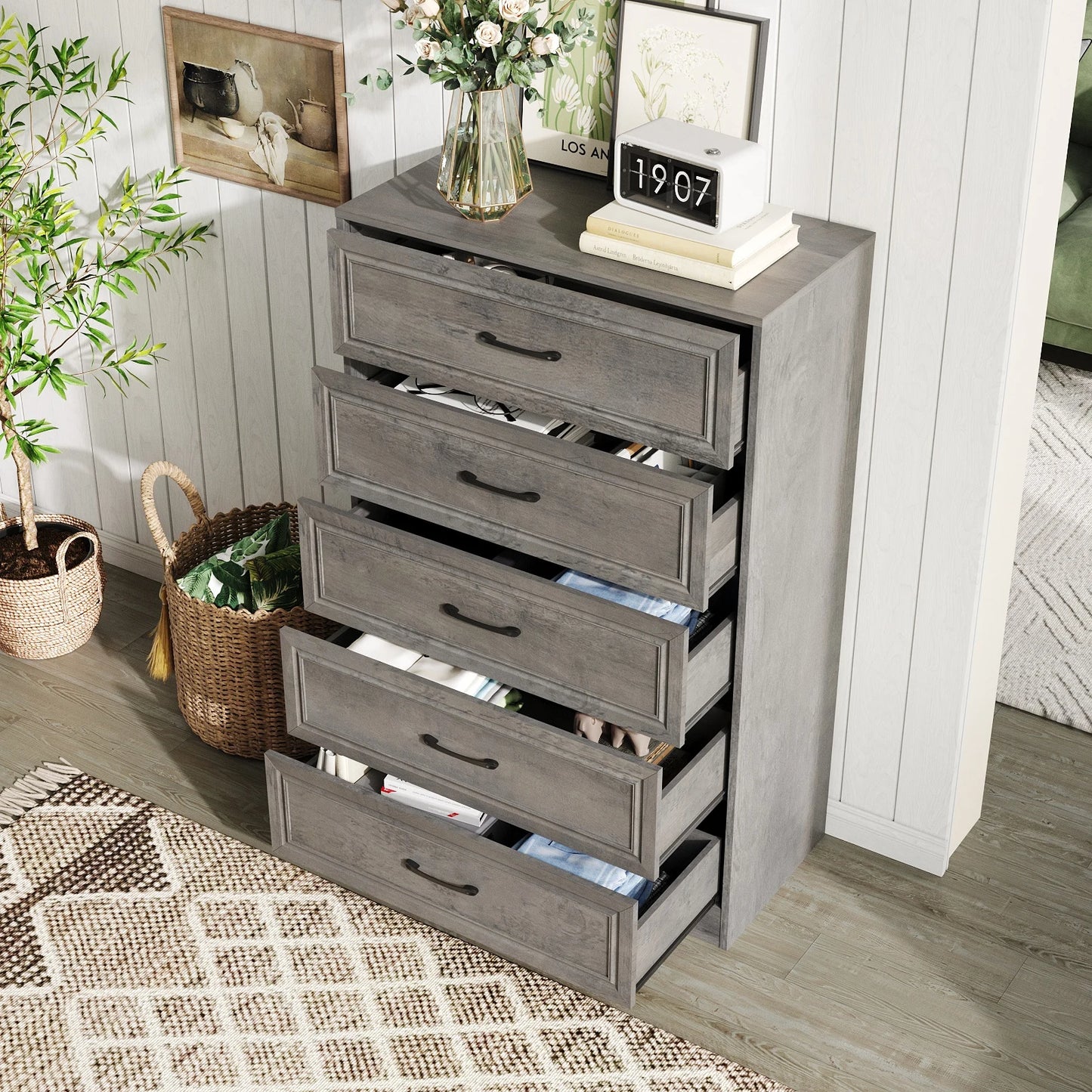 Vabches Dresser for Bedroom Wooden Chest of Drawers with Metal Handles 47'' Tall 5 Drawer Dresser Storage Organizer for Hallway