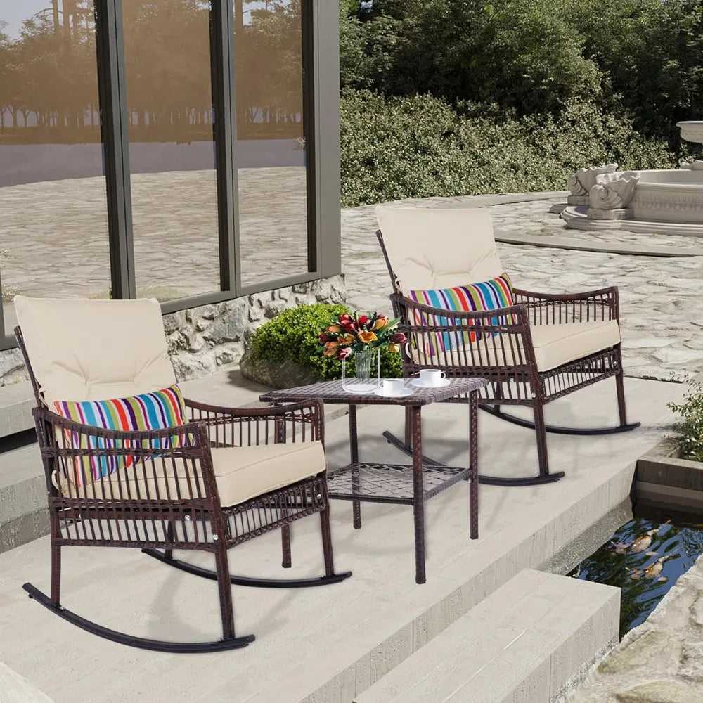 3 Pieces Patio Furniture Set, Wicker Rocking Chairs Bistro Set with Coffee Table, Outdoor Conversation Set for Garden and Balco