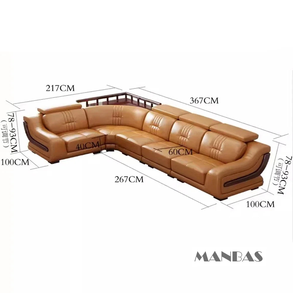 Premium Italian Leather Sectional Sofa W/Adjustable Headrest