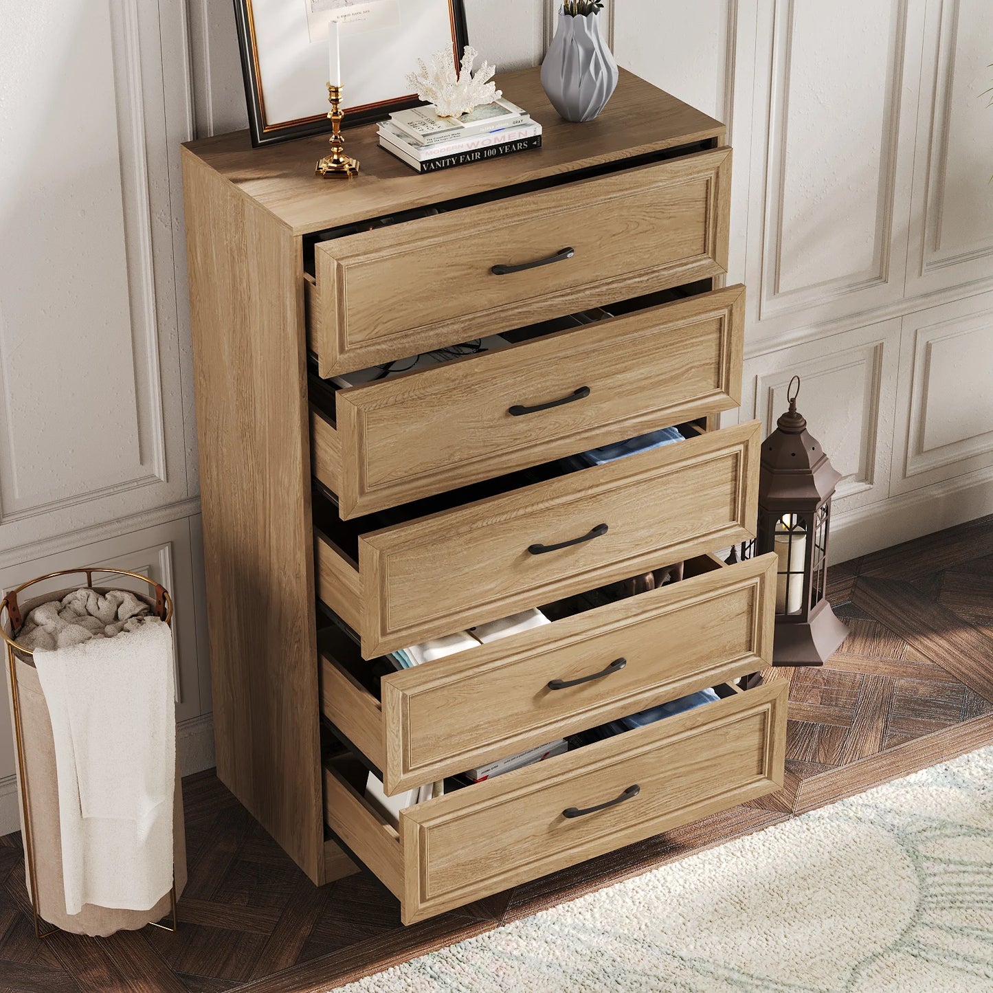 Vabches Dresser for Bedroom Wooden Chest of Drawers with Metal Handles 47'' Tall 5 Drawer Dresser Storage Organizer for Hallway