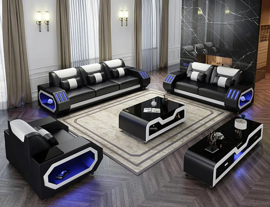 MANBAS Leather Sofa Set LED Light w/USB Charging