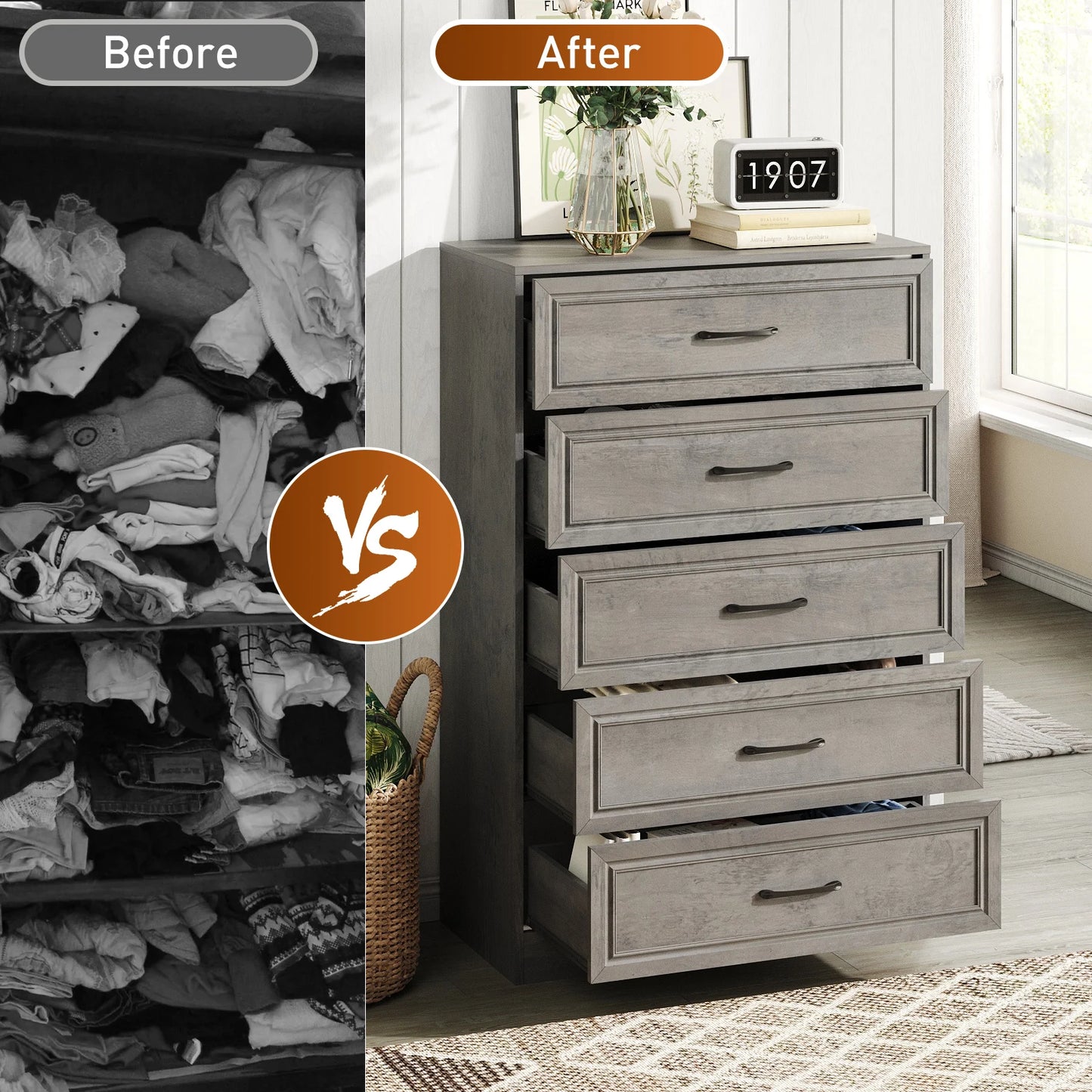 Vabches Dresser for Bedroom Wooden Chest of Drawers with Metal Handles 47'' Tall 5 Drawer Dresser Storage Organizer for Hallway