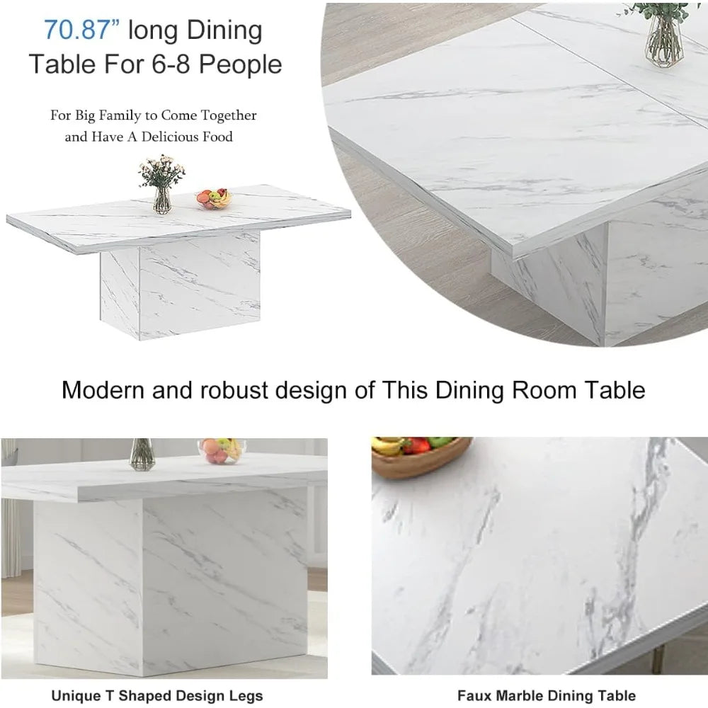 White Faux Marble Dining Table, 71” Rectangle for 6-8