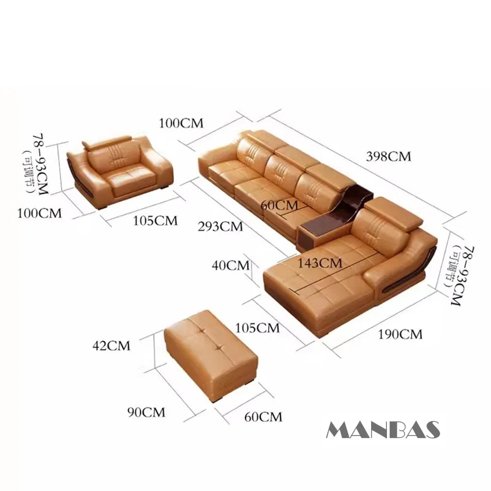 Premium Italian Leather Sectional Sofa W/Adjustable Headrest