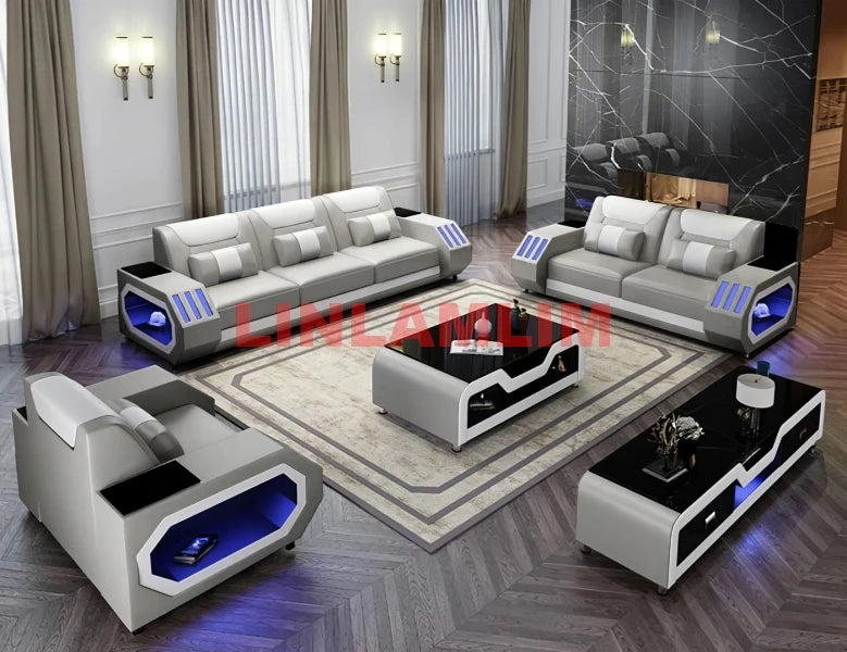 MANBAS Leather Sofa Set LED Light w/USB Charging
