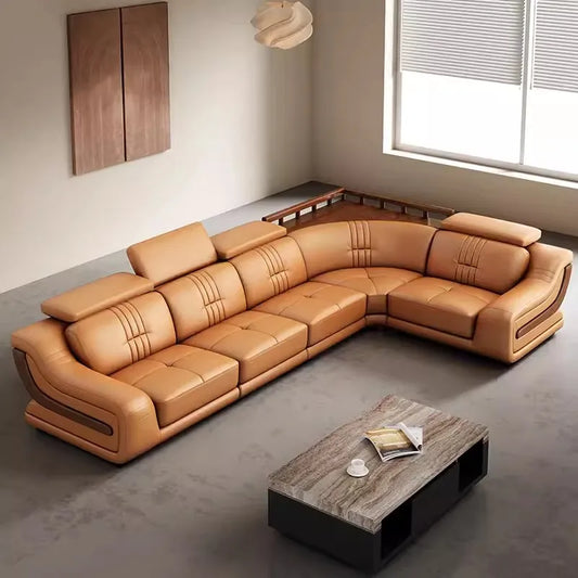 Premium Italian Leather Sectional Sofa W/Adjustable Headrest