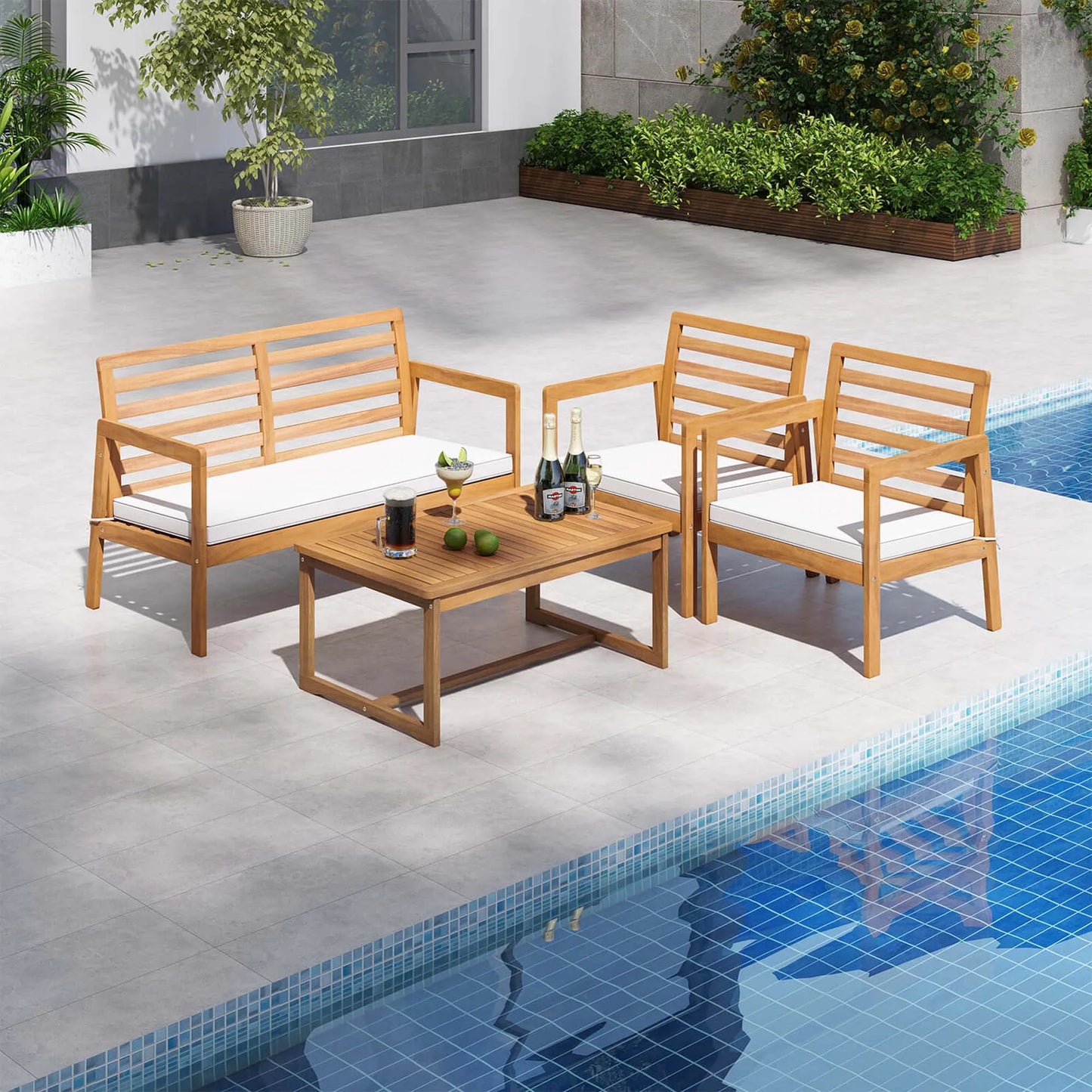 4 PCS Wood Patio Furniture Set with Soft Seat Cushions Solid Acacia Wood Frame