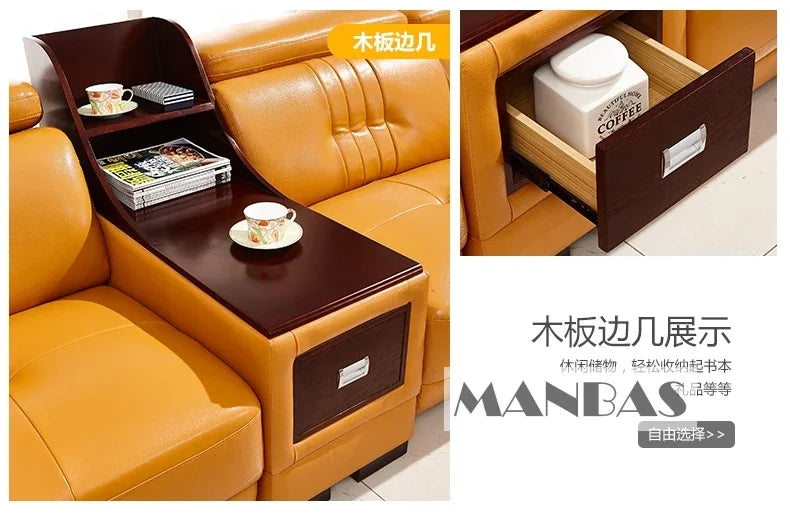 Premium Italian Leather Sectional Sofa W/Adjustable Headrest