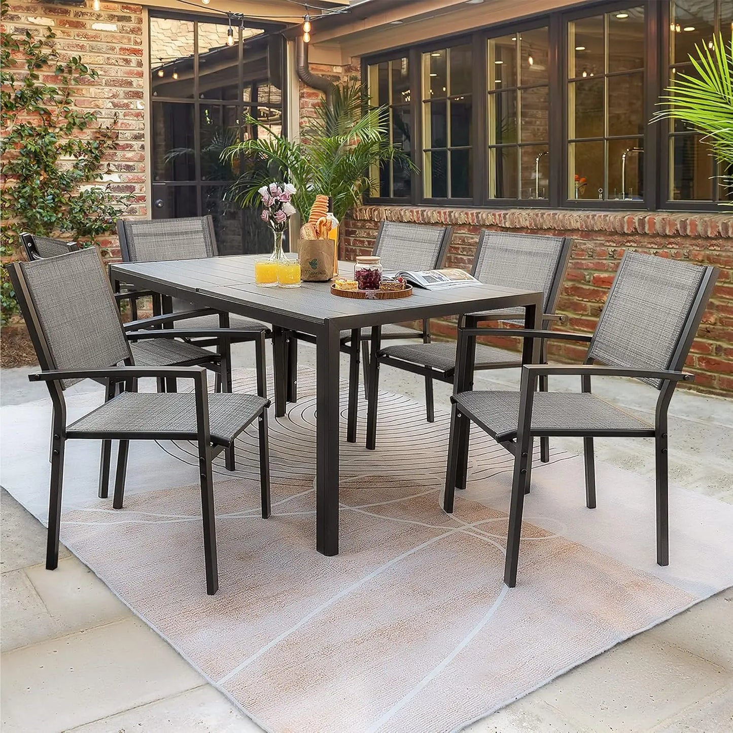 7 Piece Patio Dining Set Weather Resistant 6 Stackable Chairs