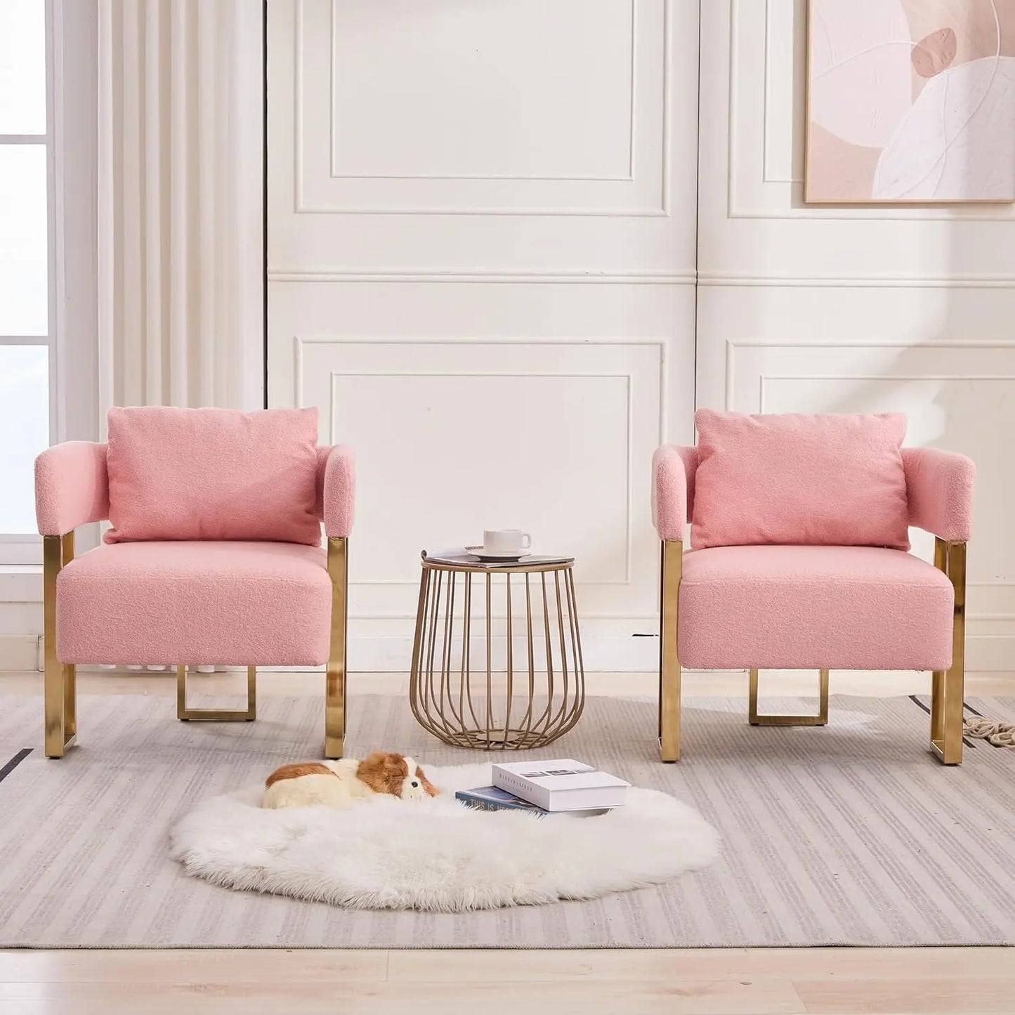 Set Of 2 Pink, Teddy Velvet Chairs with Gold Legs