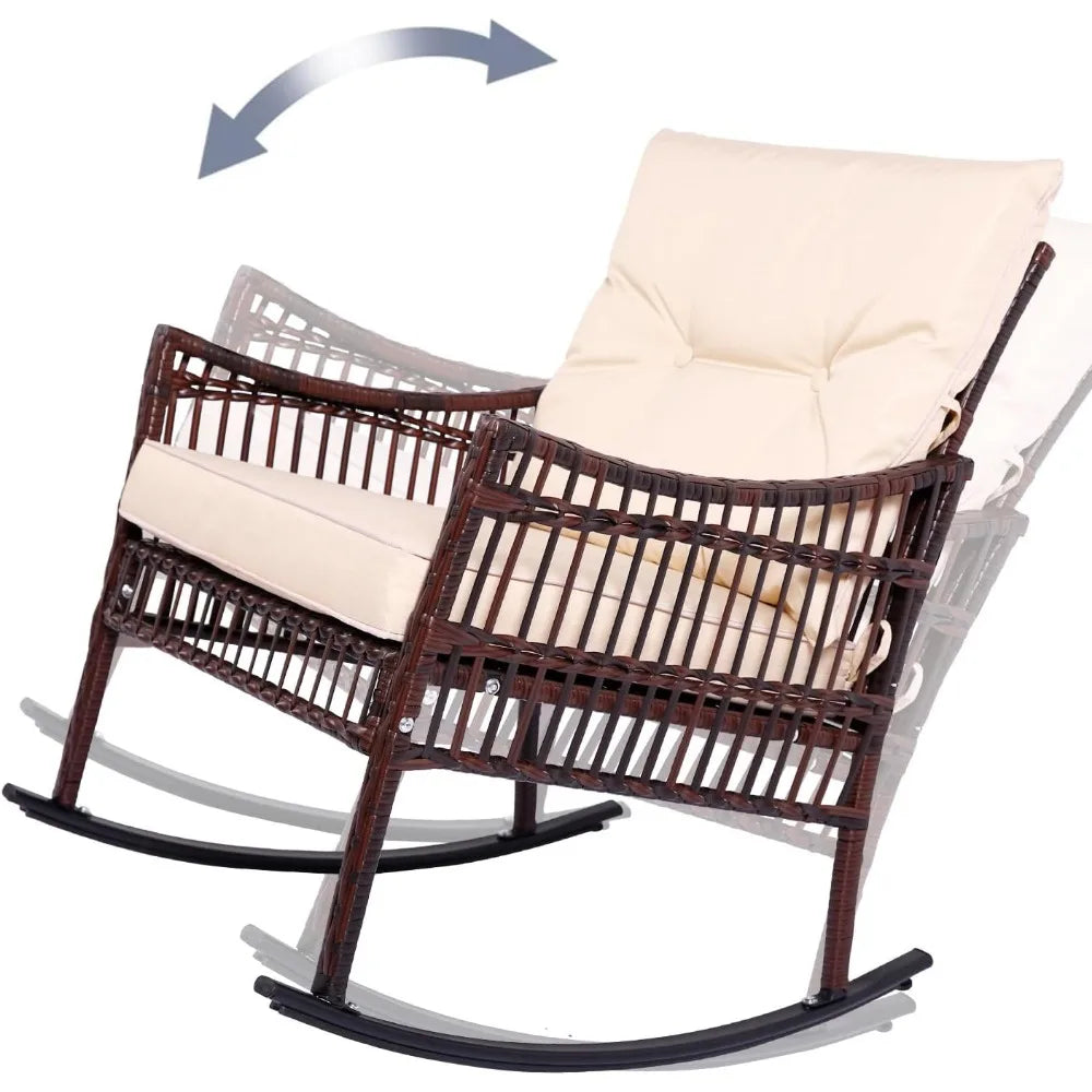 3 Pieces Patio Furniture Set, Wicker Rocking Chairs Bistro Set with Coffee Table, Outdoor Conversation Set for Garden and Balco